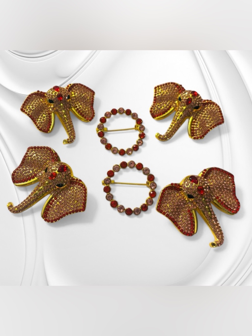 Gold-Tone Red/Pink Elephant and Circular Brooches - Six Pieces